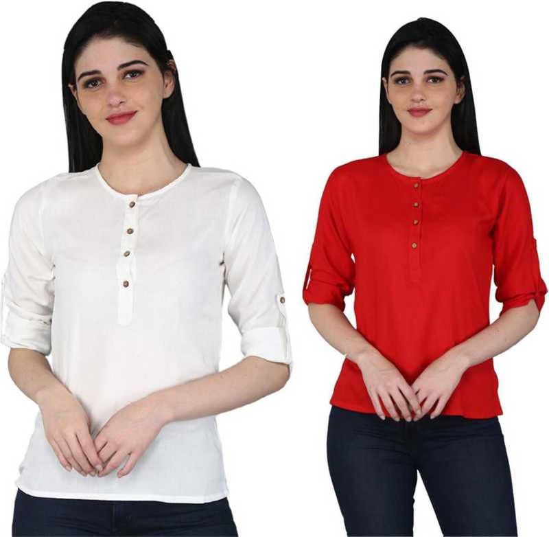 Pack of 2 Casual Roll Up Sleeves Solid Women White, Red Top
