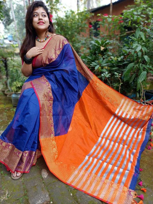 Self Design Bollywood Cotton Silk Saree  (Dark Blue, Orange)