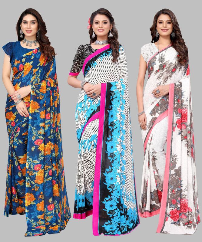 Printed Daily Wear Georgette Saree  (Pack of 3, White, Blue)