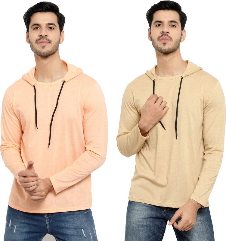 Pack of 2 HMT Men Solid Hooded Neck Cotton Blend Beige T-Shirt