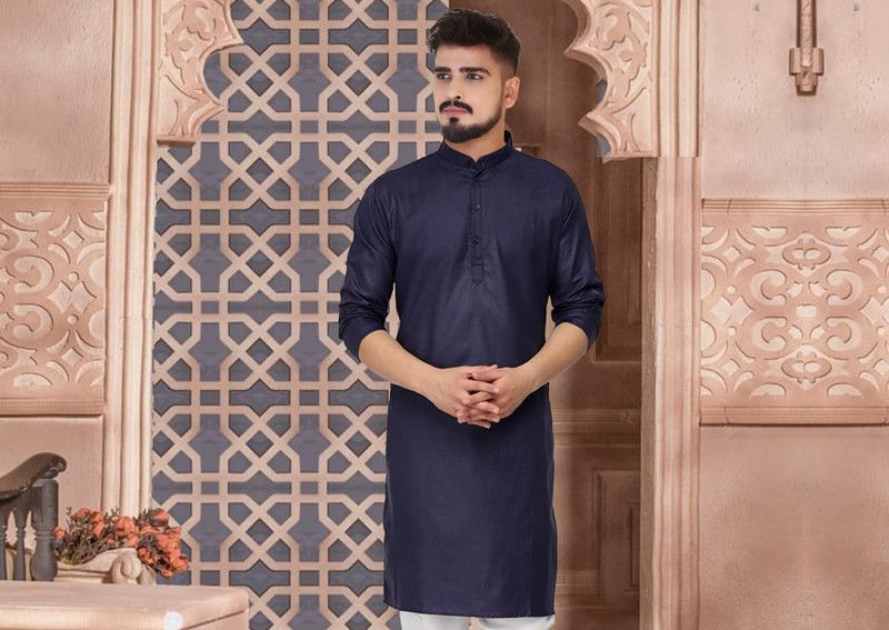 Men Self Design Kurta  (Dark Blue)