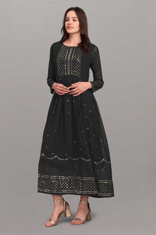 Women Embellished Georgette Ethnic Dress  (Black)