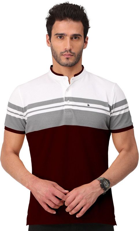 Men Striped Polo Neck Cotton Blend Maroon T-Shirt