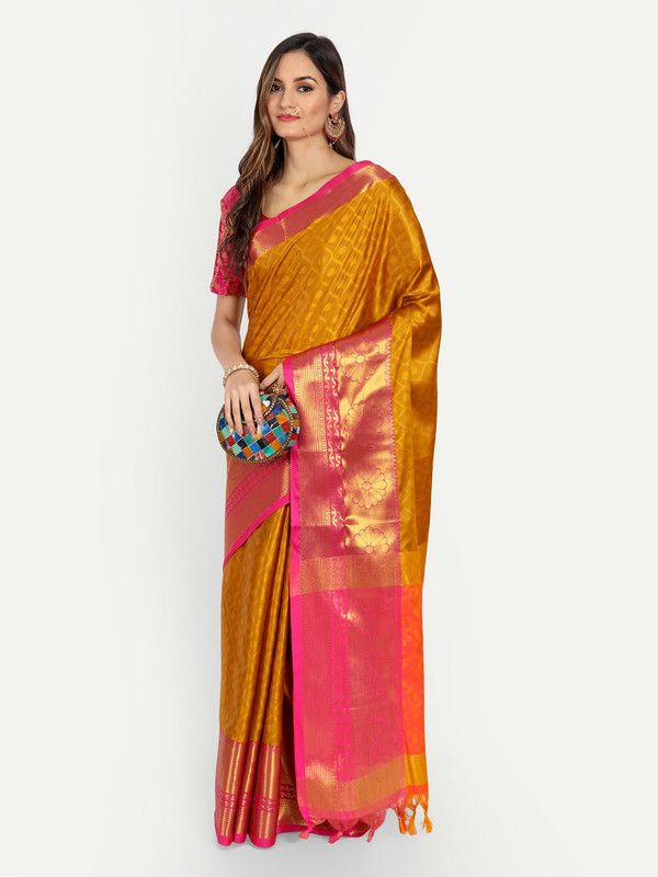 Woven Venkatagiri Cotton Silk Saree  (Gold, Pink)