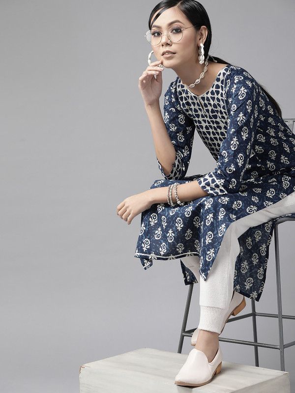 Women Floral Print Cotton Blend Straight Kurta  (Blue)