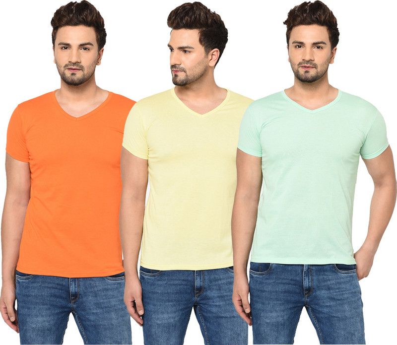 Pack of 3 Men Solid V Neck Cotton Blend Orange, Yellow, Light Green T-Shirt