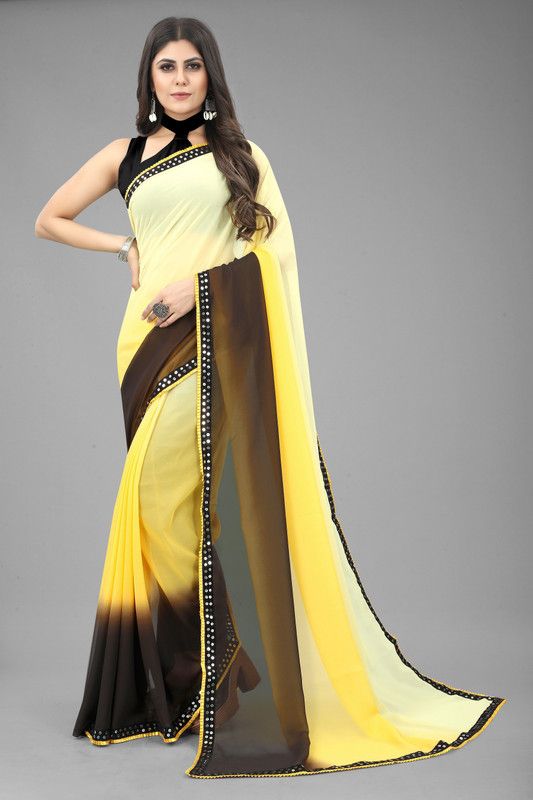Solid/Plain, Striped Bollywood Georgette Saree  (Yellow)