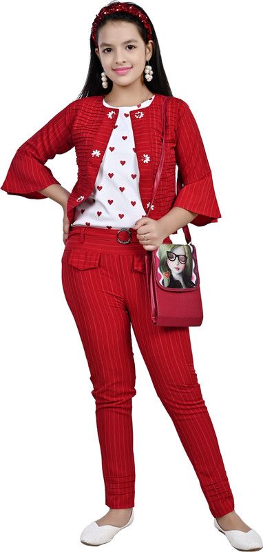 Girls Casual Top Jacket, Pant  (Red)