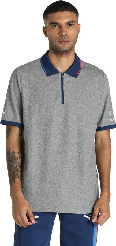 BMW MMS Zip Polo Men Solid Polo Neck Cotton Blend (180 gsm) Grey T-Shirt