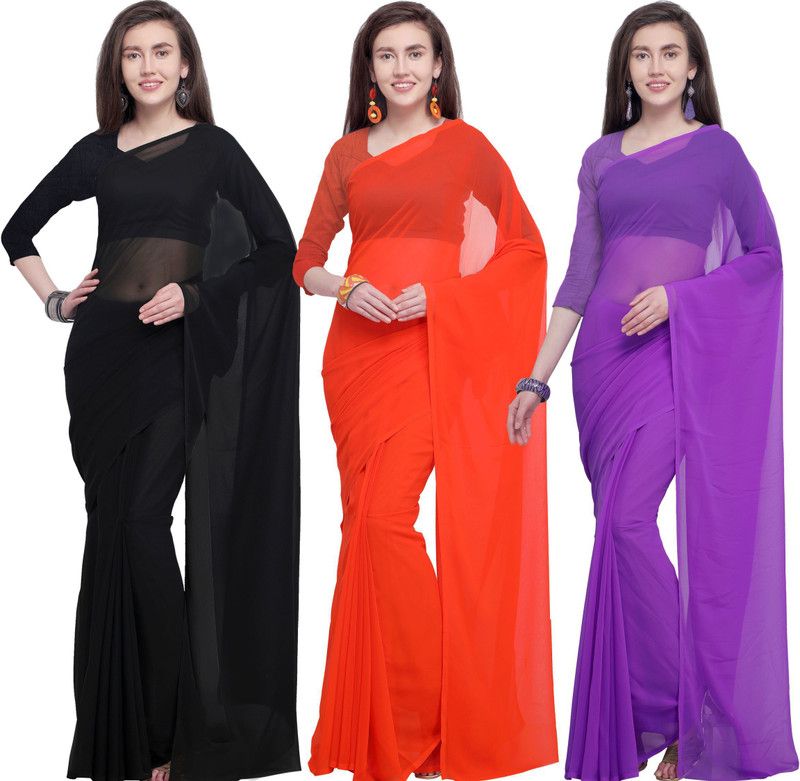Dyed, Solid, Plain Daily Wear Georgette Saree  (Pack of 3, Multicolor)