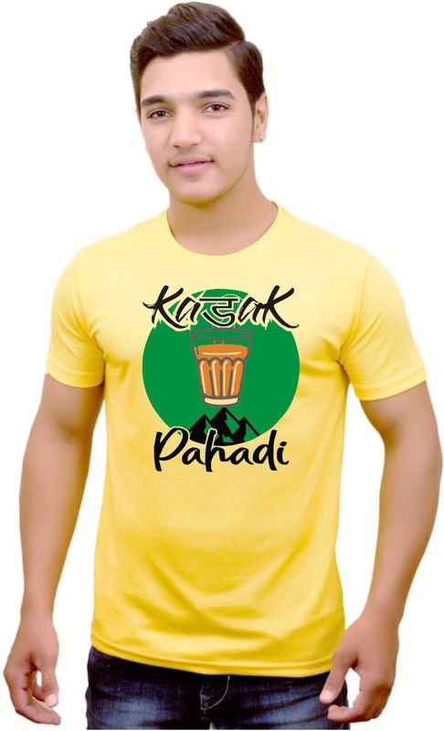 Pahadi Quote Printed T-Shirt Round Neck & Half Sleeve White T-Shirt for Men & Women Men Printed Round Neck Viscose Rayon Yellow T-Shirt