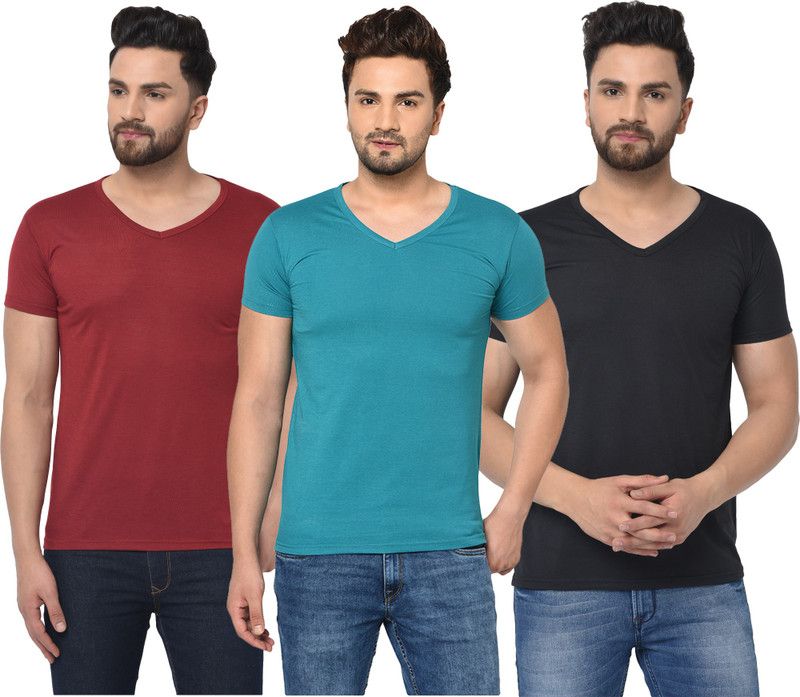 Pack of 3 Men Solid V Neck Cotton Blend Maroon, Blue, Black T-Shirt