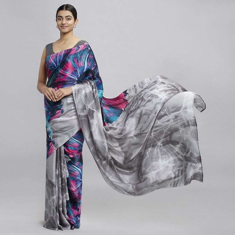 Printed Bollywood Satin Saree  (Grey)