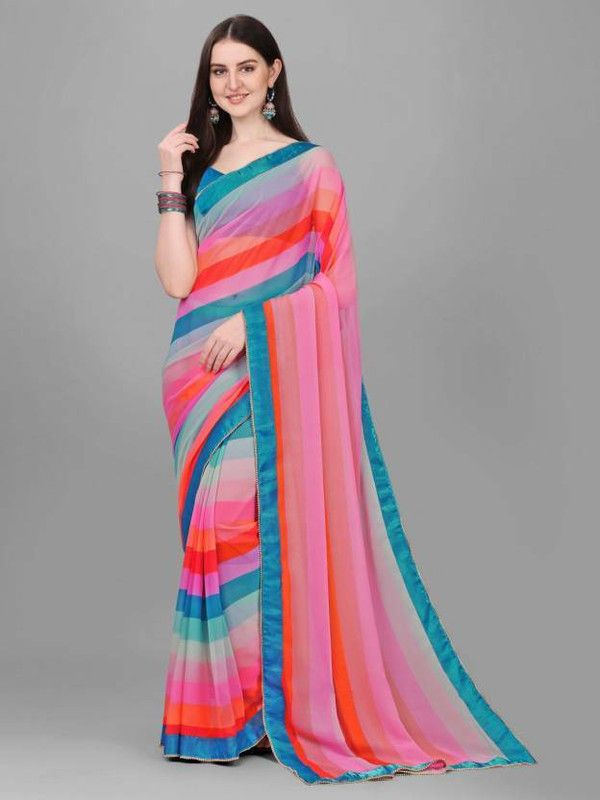 Striped, Printed, Embroidered Bollywood Georgette, Chiffon Saree  (Multicolor)