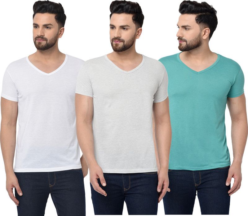 Pack of 3 Men Solid V Neck Cotton Blend Green, White T-Shirt