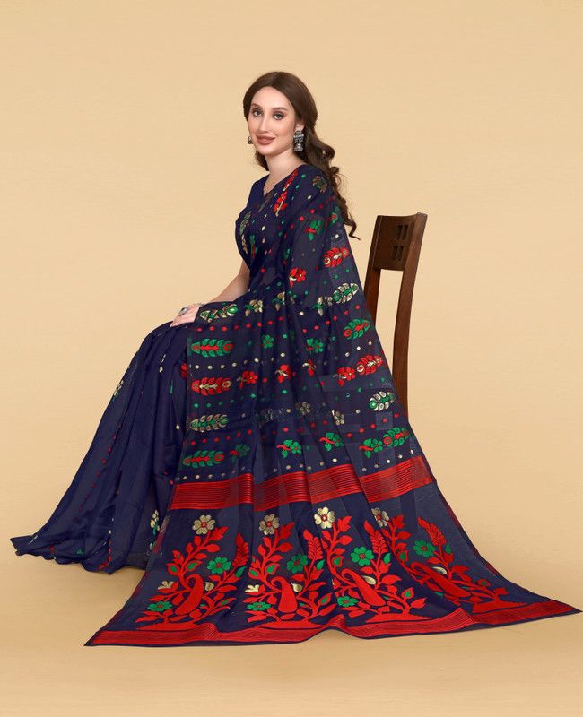 Daily Wear Cotton Linen Saree  (Dark Blue, Red)