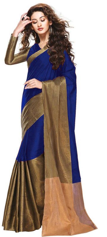 Bandhani Cotton Silk Saree  (Blue, Gold)
