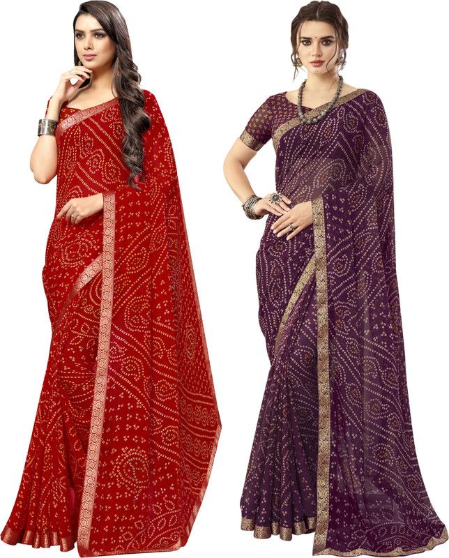 Embellished, Geometric Print, Printed Daily Wear Chiffon Saree  (Pack of 2, Green, Multicolor)