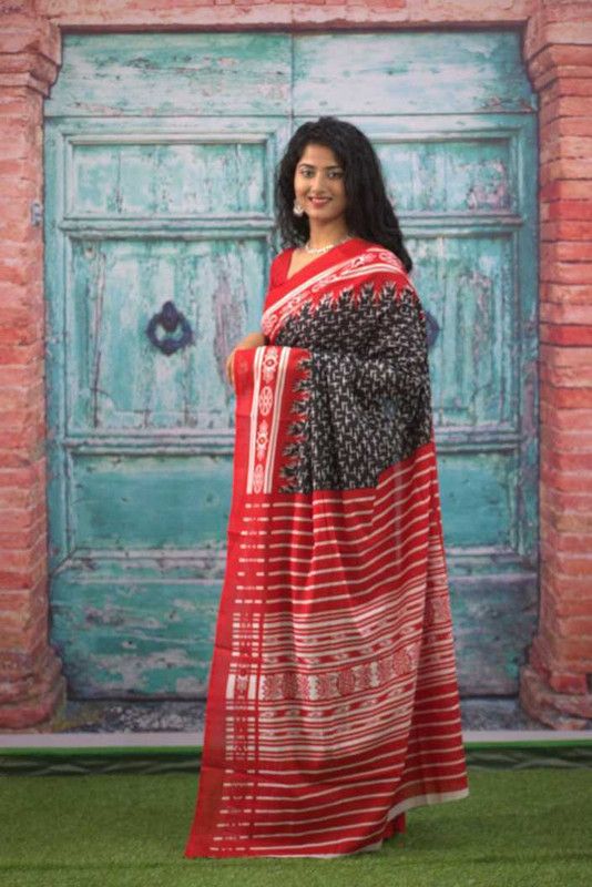 Printed Daily Wear Pure Cotton Saree  (Black, Red)