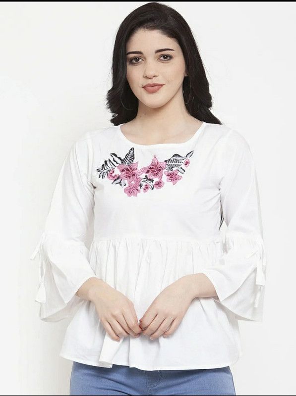 Women Floral Print Round Neck Cotton Blend White T-Shirt