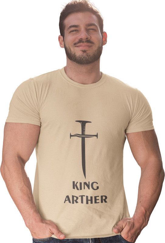Men Printed, Typography Round Neck Pure Cotton Beige T-Shirt