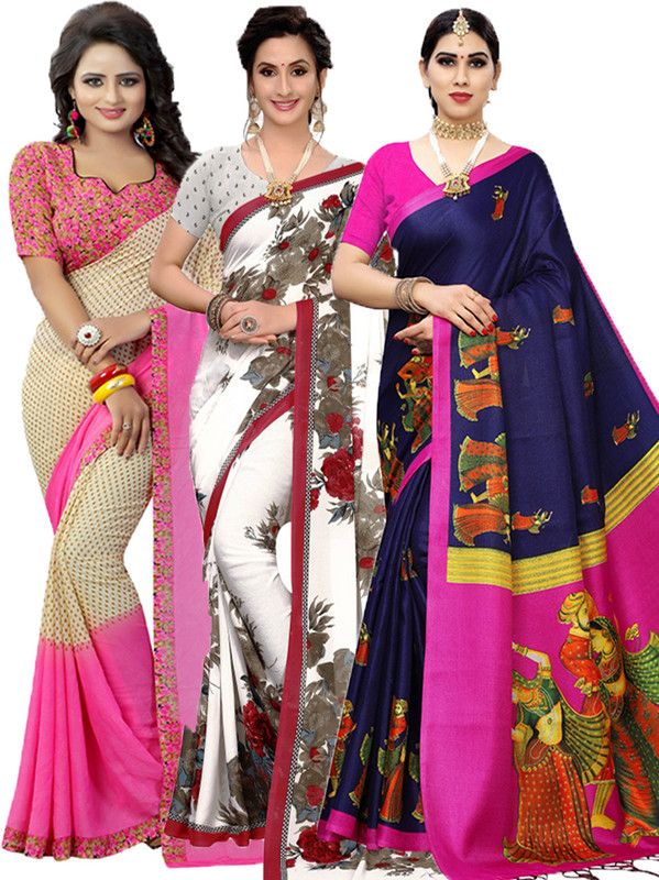 Printed Bollywood Georgette Saree  (Pack of 3, Pink, Maroon)