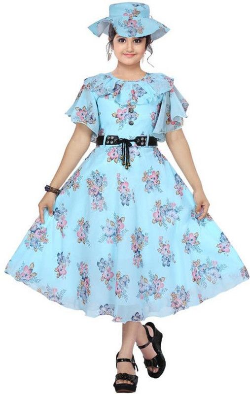 Girls Calf Length Festive/Wedding Dress  (Blue, Fashion Sleeve)