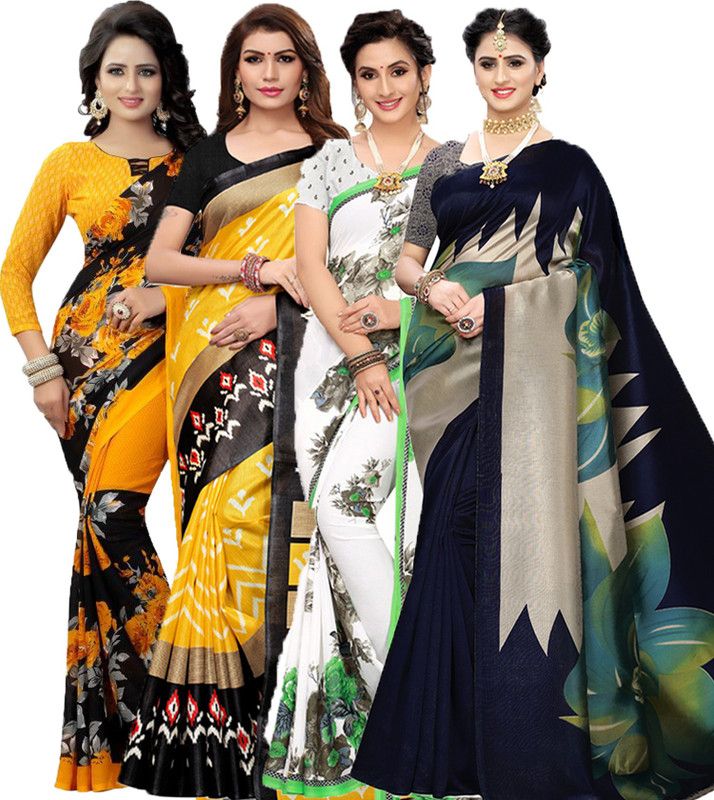 Printed Bollywood Georgette Saree  (Pack of 4, Dark Blue, White, Green, Yellow)