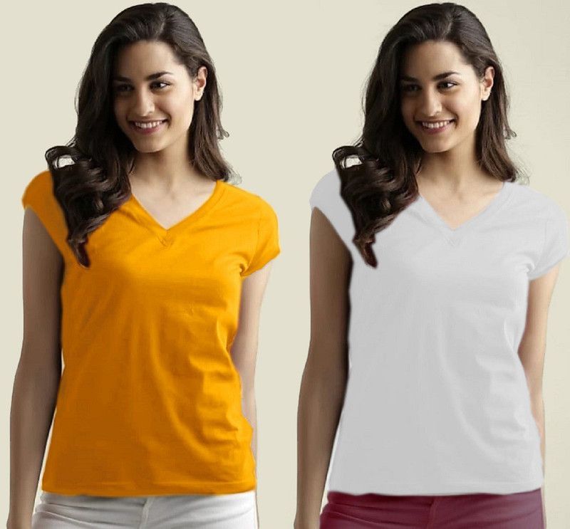 Pack of 2 Women Solid V Neck Cotton Blend White, Yellow T-Shirt