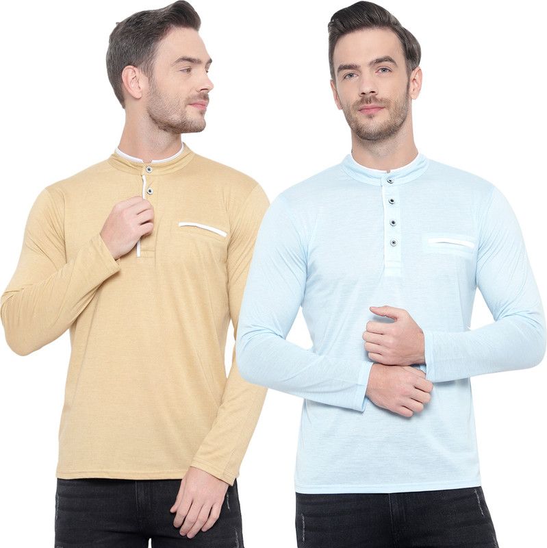 Pack of 2 Men Solid Mandarin Collar Cotton Blend Light Blue, Beige T-Shirt