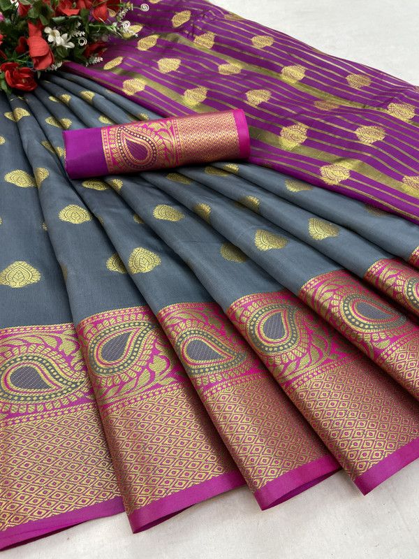 Paisley, Woven, Floral Print Banarasi Silk Blend, Cotton Blend Saree  (Pink, Grey)