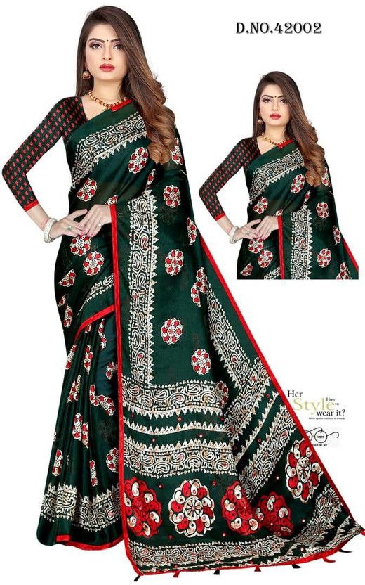 Printed Daily Wear Jute Silk Saree  (Dark Green)