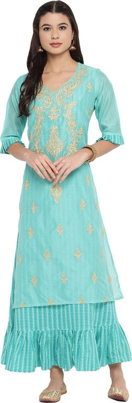 Women Embroidered Pure Cotton, Chanderi Straight Kurta  (Light Blue)