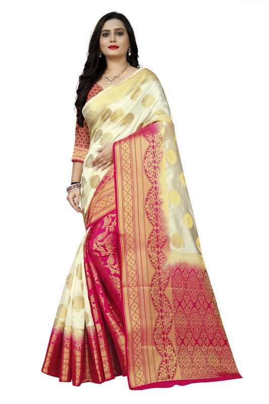 Woven Kanjivaram Jacquard Saree  (White, Pink)