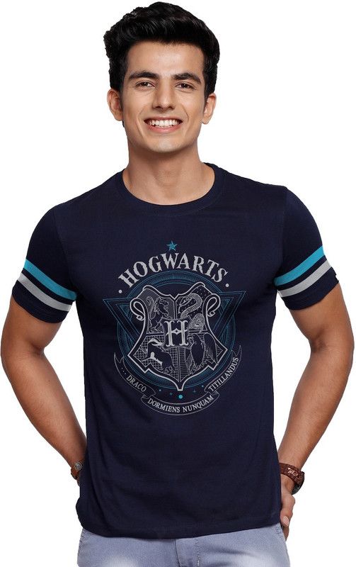 Harry Potter Men Printed Round Neck Pure Cotton Dark Blue T-Shirt