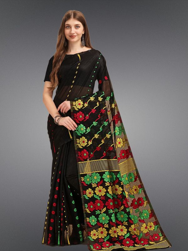 Jamdani Cotton Silk, Muslin Saree  (Black)