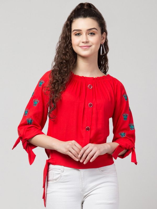 Casual Slit Sleeves Embroidered Women Red Top With Attached Dupatta