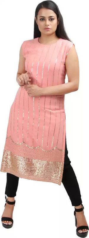 Women Embellished Georgette Straight Kurta  (Pink)
