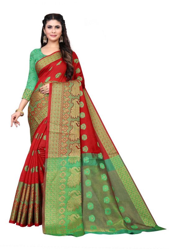 Self Design Kanjivaram Jacquard Saree  (Red, Green)