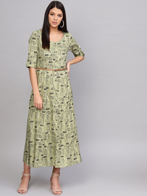 Pack of 2 Women Printed Viscose Rayon Flared Kurta  (Green)