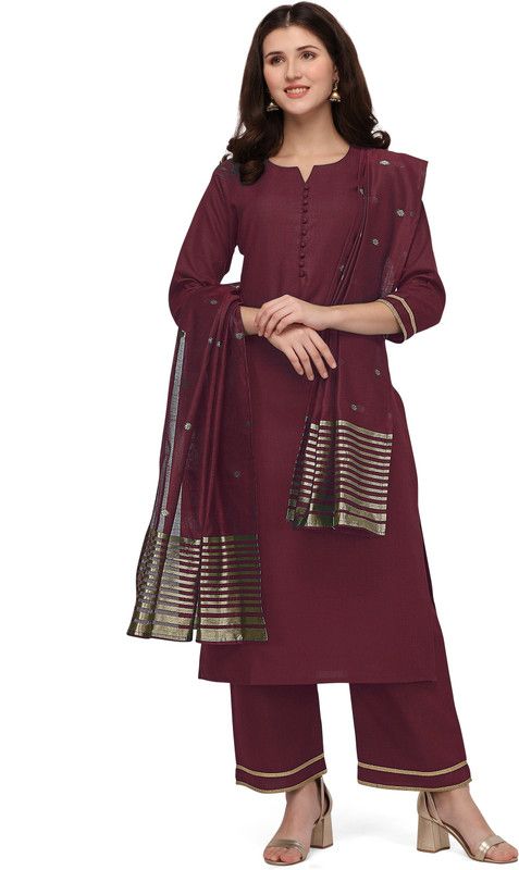 Dwisha Designer Red Cotton V Neck Solid StraightKurta, Pant and Dupatta Set for Women Solid Kurta, Palazzo & Dupatta Set