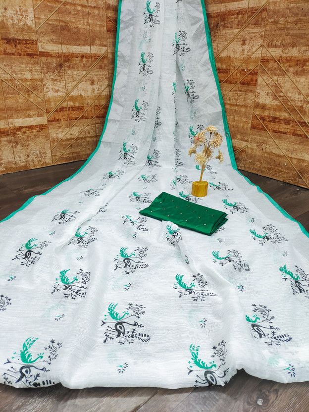 Woven Bollywood Linen Saree  (White)