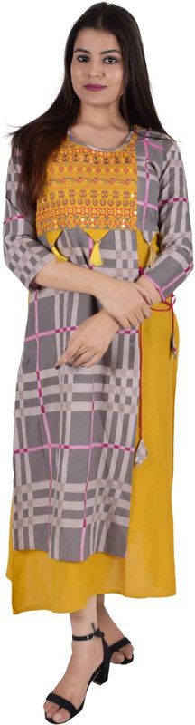 Women Checkered Cotton Linen Straight Kurta  (Multicolor, Yellow)