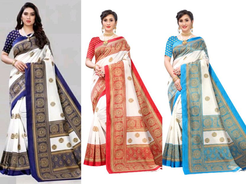 Printed, Self Design, Embellished, Checkered Bollywood Art Silk Saree  (Pack of 3, Multicolor)