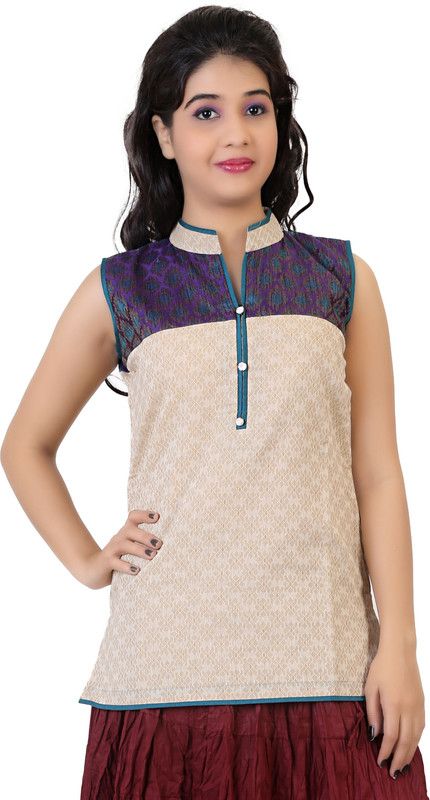 Casual Sleeveless Printed Women Blue, Beige Top
