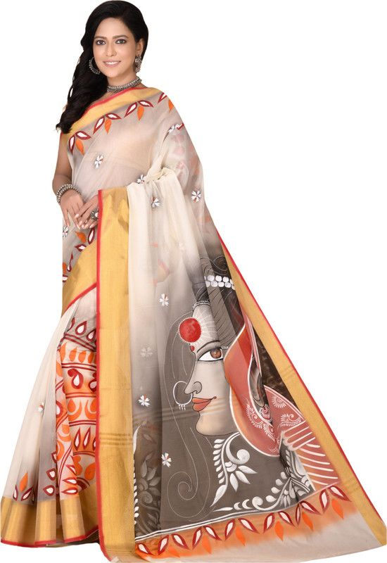 Hand Painted Daily Wear Cotton Silk Saree  (Grey)