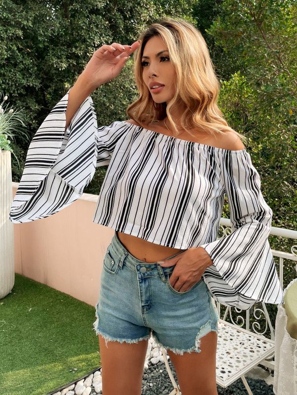 Casual Flared Sleeves Striped Women Black Top