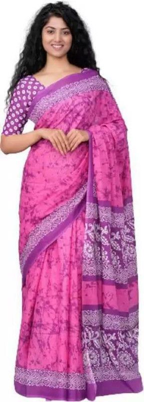 Blocked Printed, Hand Painted, Printed, Self Design, Graphic Print Ikkat Pure Cotton Saree  (Purple)