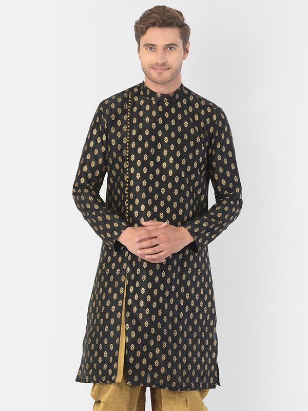 Men Printed Dupion Silk Straight Kurta  (Black)