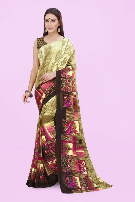 Digital Print Bollywood Georgette Saree  (Purple, Beige, Cream)